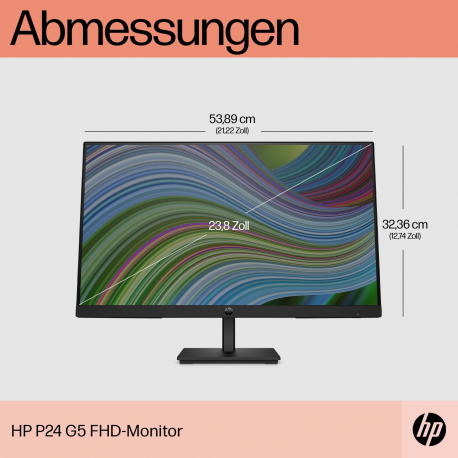 HP P24 G5 - P-Series - LED monitor - 23.8" - 1920 x 1080 Full HD (1080p) @ 75 Hz - IPS - 250 cd / m² - 1000:1 - 5 ms - HDMI, VGA, DisplayPort - black - for HP 250 G9 Notebook; Elite 600 G9, 800 G9; EliteDesk 800 G6; Pro 260 G9, 290 G9 - 6