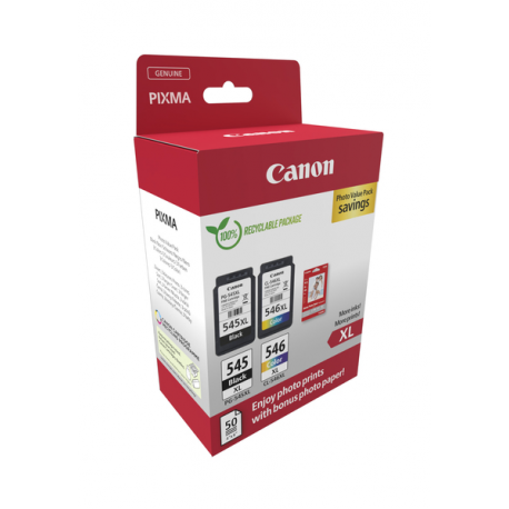 Canon PG-545XL / CL-546XL Photo Paper Value Pack - 2-pack - High Yield - black, colour (cyan, magenta, yellow) - original - hanging box - ink cartridge  /  paper kit - for PIXMA TR4551, TR4650, TR4651, TS3350, TS3351, TS3352, TS3355, TS3450, TS3451, TS3452 - 2