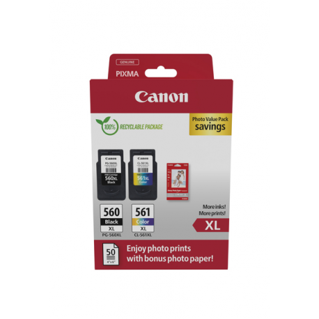 Canon PG-560XL / CL-561XL Photo Value Pack - Glossy - 2-pack - High Yield - black, colour (cyan, magenta, yellow) - original - hanging box - ink cartridge  /  paper kit - for PIXMA TS5350, TS5351, TS5352, TS5353, TS7450 - 0