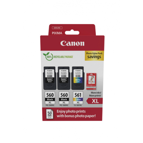 Canon PG-560XL x2 / CL-561XL Photo Value Pack - Glossy - 3-pack - High Yield - black, colour (cyan, magenta, yellow) - original - hanging box - ink cartridge  /  paper kit - for PIXMA TS5350, TS5351, TS5352, TS5353, TS7450 - 0