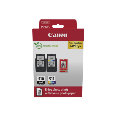 Canon PG-510 / CL-511 Photo Paper Value Pack - 2-pack - black, colour (cyan, magenta, yellow) - original - hanging box - ink cartridge  /  paper kit - for PIXMA iP2700, MP230, MP252, MP272, MP280, MP282, MP492, MP495, MP499, MX360, MX410, MX420 - 0