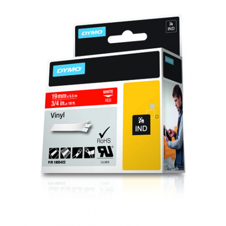 DYMO Rhino Coloured Vinyl - Vinyl - permanent adhesive - white on red - Roll (1.9 cm x 5.5 m) 1 cassette(s) tape - for DYMO ILP219; Rhino 1000, 4200, 5000, 5200, 6000; RhinoPRO 1000, 3000, 5000, 6000, 6500 - 1