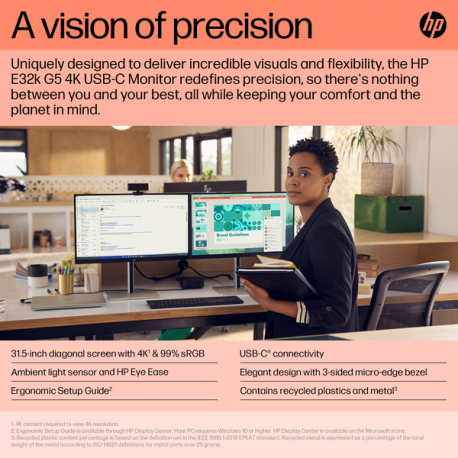 HP E32K G5 - E-Series - LED monitor - 31.5" - 3840 x 2160 4K UHD (2160p) @ 60 Hz - IPS - 350 cd / m² - 1000:1 - 5 ms - HDMI, DisplayPort, USB-C - speakers - black head, black and silver (stand) - 3