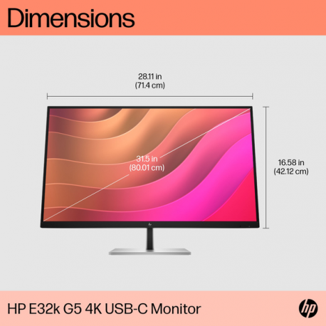 HP E32K G5 - E-Series - LED monitor - 31.5" - 3840 x 2160 4K UHD (2160p) @ 60 Hz - IPS - 350 cd / m² - 1000:1 - 5 ms - HDMI, DisplayPort, USB-C - speakers - black head, black and silver (stand) - 12