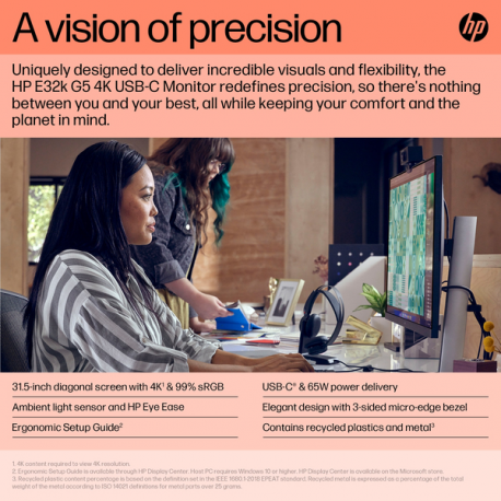 HP E32K G5 - E-Series - LED monitor - 31.5" - 3840 x 2160 4K UHD (2160p) @ 60 Hz - IPS - 350 cd / m² - 1000:1 - 5 ms - HDMI, DisplayPort, USB-C - speakers - black head, black and silver (stand) - 16