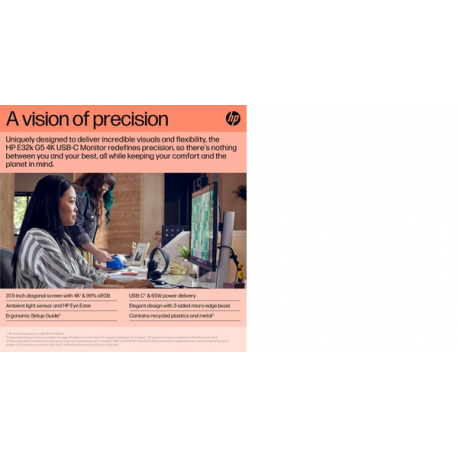 HP E32K G5 - E-Series - LED monitor - 31.5" - 3840 x 2160 4K UHD (2160p) @ 60 Hz - IPS - 350 cd / m² - 1000:1 - 5 ms - HDMI, DisplayPort, USB-C - speakers - black head, black and silver (stand) - 17