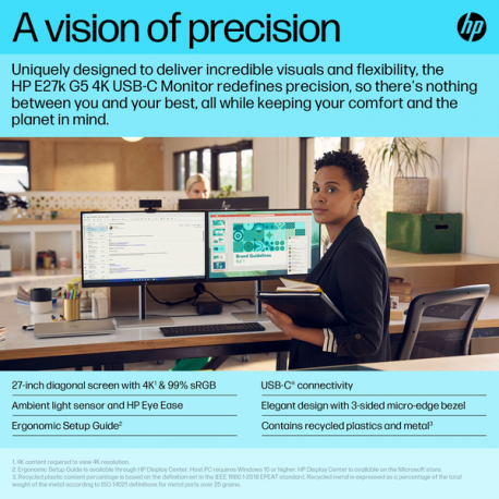 HP E27k G5 - E-Series - LED monitor - 27" (27" viewable) - 3840 x 2160 4K UHD (2160p) @ 60 Hz - IPS - 350 cd / m² - 1000:1 - 5 ms - HDMI, DisplayPort, USB-C - speakers - black head, black and silver (stand) - 4