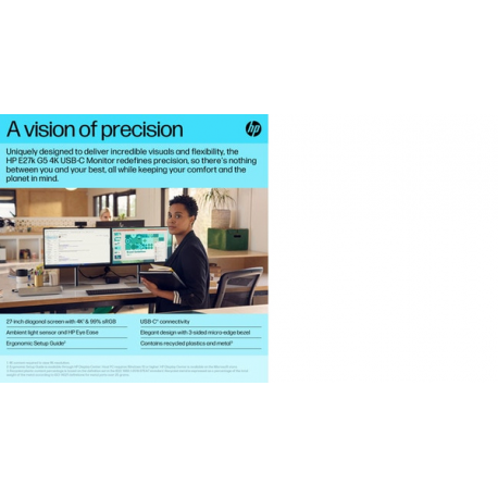 HP E27k G5 - E-Series - LED monitor - 27" (27" viewable) - 3840 x 2160 4K UHD (2160p) @ 60 Hz - IPS - 350 cd / m² - 1000:1 - 5 ms - HDMI, DisplayPort, USB-C - speakers - black head, black and silver (stand) - 6