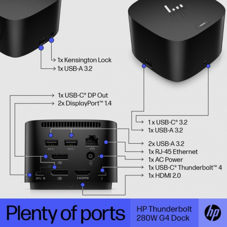 HP Thunderbolt Dock G4 - Docking station - USB-C  /  Thunderbolt 4 - HDMI, 2 x DP, Thunderbolt, USB-C - GigE, 2.5 GigE - 280 Watt - with combo cable - United Kingdom - 27