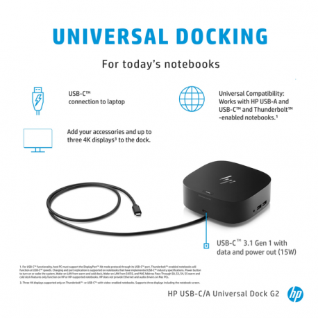 HP USB-C / A Universal Dock G2 - Docking station - USB-C - HDMI, 2 x DP - GigE - 100 Watt - United Kingdom - for HP 340S G7, 470 G7; Chromebook 11 G8, 11A G8, 14 G6; Chromebook Enterprise 14 G6; Chromebook Enterprise x360 14E G1; Chromebook x360 11 G2, 11 G3, 14 G1; Elite Dragonfly; EliteBook 735 G6, 745 G6; EliteBook x360; Mobile Thin Client mt45; ProBook 430 G7, 44X G7, 455r G6, 45X G7; ZBook 15 G6, 17 G6 - 5