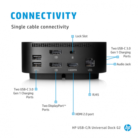 HP USB-C / A Universal Dock G2 - Docking station - USB-C - HDMI, 2 x DP - GigE - 100 Watt - United Kingdom - for HP 340S G7, 470 G7; Chromebook 11 G8, 11A G8, 14 G6; Chromebook Enterprise 14 G6; Chromebook Enterprise x360 14E G1; Chromebook x360 11 G2, 11 G3, 14 G1; Elite Dragonfly; EliteBook 735 G6, 745 G6; EliteBook x360; Mobile Thin Client mt45; ProBook 430 G7, 44X G7, 455r G6, 45X G7; ZBook 15 G6, 17 G6 - 17