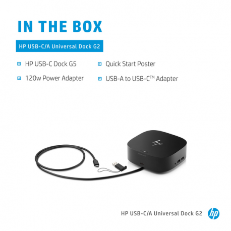 HP USB-C / A Universal Dock G2 - Docking station - USB-C - HDMI, 2 x DP - GigE - 100 Watt - United Kingdom - for HP 340S G7, 470 G7; Chromebook 11 G8, 11A G8, 14 G6; Chromebook Enterprise 14 G6; Chromebook Enterprise x360 14E G1; Chromebook x360 11 G2, 11 G3, 14 G1; Elite Dragonfly; EliteBook 735 G6, 745 G6; EliteBook x360; Mobile Thin Client mt45; ProBook 430 G7, 44X G7, 455r G6, 45X G7; ZBook 15 G6, 17 G6 - 28