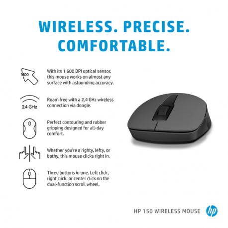 HP 150 - Mouse - right-handed - optical - 3 buttons - wireless - 2.4 GHz - USB wireless receiver - for Victus by HP Laptop 16; Laptop 14, 15, 17; Pavilion Plus Laptop 14; Pavilion x360 Laptop - 4