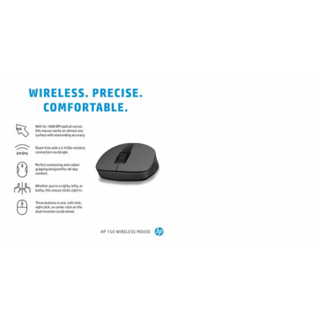 HP 150 - Mouse - right-handed - optical - 3 buttons - wireless - 2.4 GHz - USB wireless receiver - for Victus by HP Laptop 16; Laptop 14, 15, 17; Pavilion Plus Laptop 14; Pavilion x360 Laptop - 6
