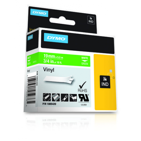 DYMO Rhino Coloured Vinyl - Vinyl - permanent adhesive - white on green - Roll (1.9 cm x 5.5 m) 1 cassette(s) tape - for DYMO ILP219; Rhino 4200, 5000, 5200, 6000; RhinoPRO 3000, 5000, 6000, 6500 - 3