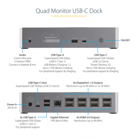 StarTech.com USB-C Dock, 4K 60Hz Quad Monitor DisplayPort & HDMI, Universal USB C Docking Station with 100W Power Delivery Charging, USB Hub w /  1x USB Type-C & 3x USB-A, Ethernet, Audio - Thunderbolt 3 Compatible (DK31C4DPPDUE) - Docking station - USB-C 3.2 Gen 2  /  Thunderbolt 3 - 4 x DP, 4 x HDMI - GigE - 4