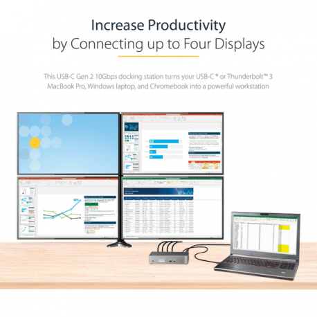 StarTech.com USB-C Dock, 4K 60Hz Quad Monitor DisplayPort & HDMI, Universal USB C Docking Station with 100W Power Delivery Charging, USB Hub w /  1x USB Type-C & 3x USB-A, Ethernet, Audio - Thunderbolt 3 Compatible (DK31C4DPPDUE) - Docking station - USB-C 3.2 Gen 2  /  Thunderbolt 3 - 4 x DP, 4 x HDMI - GigE - 11