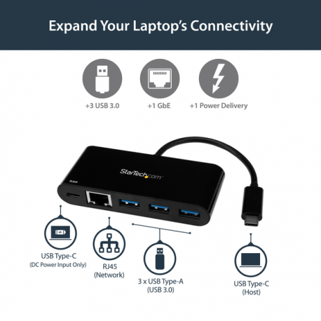 StarTech.com USB C to Ethernet Adapter - 3 Port - with Power Delivery (USB PD) - Power Pass Through Charging - USB C Adapter (US1GC303APD) - Network adapter - USB-C - Gigabit Ethernet - black - 3