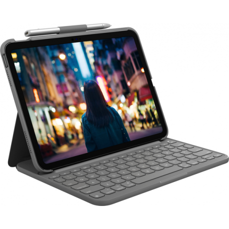 Logitech Slim Folio - Keyboard and folio case - wireless - Bluetooth LE - QWERTZ - German - oxford grey - 0