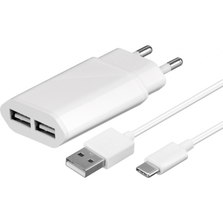 MicroConnect - Power adapter - 2.4 A - 2 output connectors (USB) - on cable: USB-C - white - 1