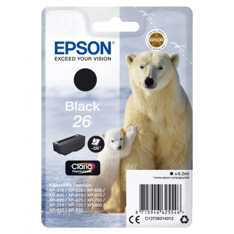 Epson 26 - 6.2 ml - black - original - ink cartridge - for Expression Premium XP-510, 520, 600, 605, 610, 615, 620, 625, 700, 710, 720, 800, 810, 820 - 1