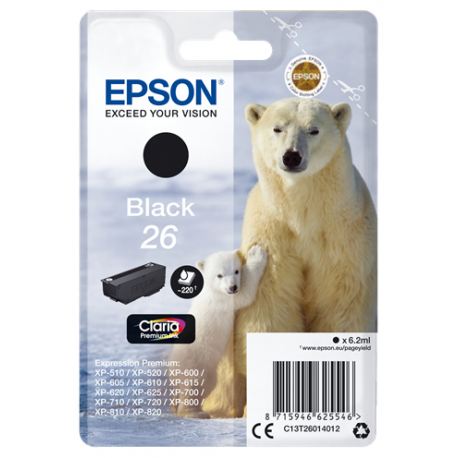 Epson 26 - 6.2 ml - black - original - ink cartridge - for Expression Premium XP-510, 520, 600, 605, 610, 615, 620, 625, 700, 710, 720, 800, 810, 820 - 3