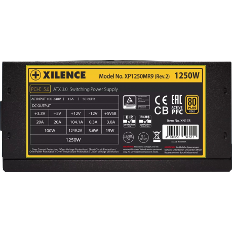 Xilence Performance X+ Series XP1250MR9.2 - Power supply (internal) - ATX12V 3.0 - 80 PLUS Gold - AC 100-240 V - 1250 Watt - active PFC - black - 4