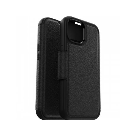 OtterBox Strada Series Folio - Flip cover for mobile phone - MagSafe compatibility - leather - shadow (black) - for Apple iPhone 15 Plus - 0