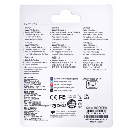 Patriot P400 Lite - SSD - 1 TB - internal - M.2 2280 - PCIe 4.0 x4 - 8