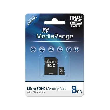 MediaRange - Flash memory card (microSDHC to SD adapter included) - 8 GB - Class 10 - microSDHC - black - 0