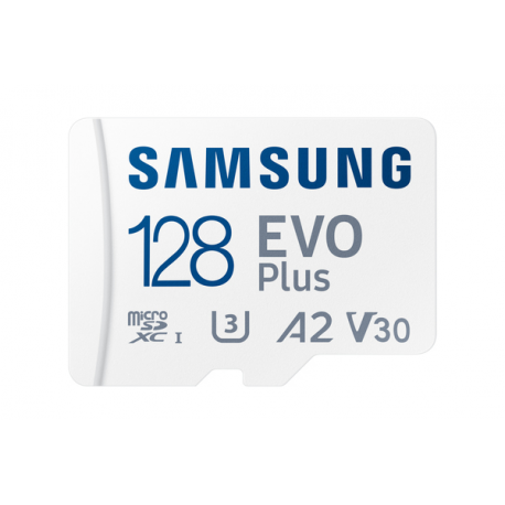 Samsung EVO Plus MB-MC128S - Flash memory card (microSDXC to SD adapter included) - 128 GB - A2  /  Video Class V30  /  UHS-I U3  /  Class10 - microSDXC UHS-I - white - 0