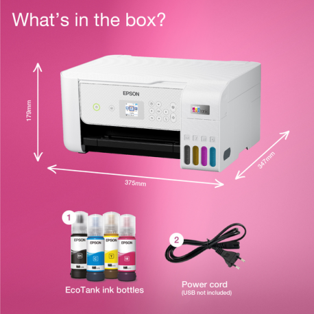 Epson EcoTank ET-2876 - Multifunction printer - colour - ink-jet - ITS - A4 (media) - up to 10 ppm (printing) - 100 sheets - USB, Wi-Fi - white - 7