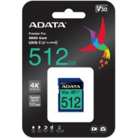ADATA Premier Pro SDXC UHS-I U3 Class 10 (V30S) - Flash memory card - 512 GB - Video Class V30  /  UHS-I U3  /  Class10 - SDXC UHS-I - 1