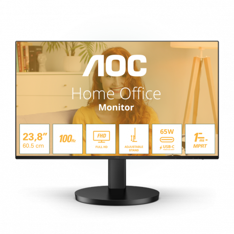 AOC Basic-line 24B3CF2 - LED monitor - 24" (23.8" viewable) - 1920 x 1080 Full HD (1080p) @ 100 Hz - IPS - 250 cd / m² - 1300:1 - 1 ms - HDMI, USB-C - speakers - black - 0