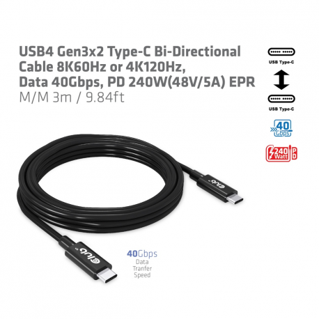 Club 3D - USB cable - 24 pin USB-C (M) to 24 pin USB-C (M) - USB4 Gen3x2 - 48 V - 5 A - 3 m - active, 4K120Hz support, 8K60Hz support, bi-directional, up to 240W power delivery support, extended power range (EPR), up to 40 Gbps data transfer rate - 4