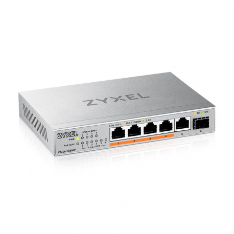 Zyxel XMG-100 Series XMG-105HP - Switch - unmanaged - unmanaged - 5 x 100 / 1000 / 2.5G (PoE++) + 1 x Gigabit SFP  /  10 Gigabit SFP+ - desktop, wall-mountable - PoE++ (70 W) - 0