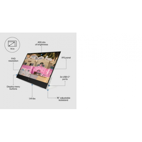 HP E14 G4 - LED monitor - 14" - portable - 1920 x 1080 Full HD (1080p) @ 60 Hz - IPS - 400 cd / m² - 800:1 - 5 ms - 2xUSB-C - sliver stand - for HP EliteBook 745 G5, 830 G5, 830 G6, 840 G5, 840 G6 - 7