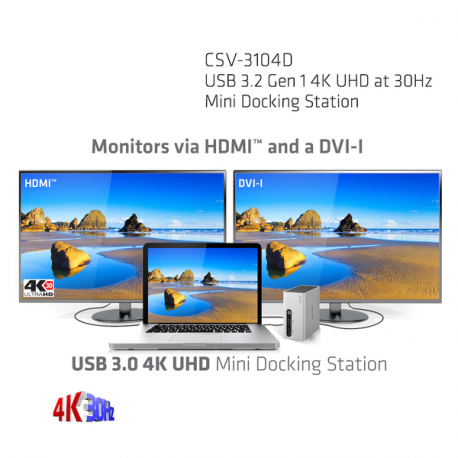 Club3D SenseVision USB 3.0 4K Mini Docking Station - Docking station - USB - DVI, HDMI - GigE - 11