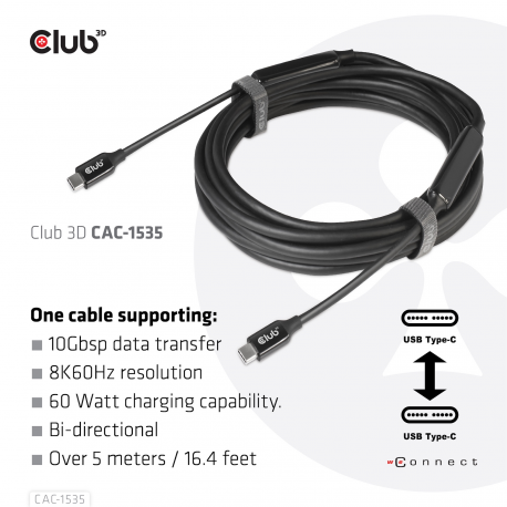 Club 3D CAC-1535 - USB cable - USB-C (M) to USB-C (M) - USB 3.2 Gen 2  /  DisplayPort 1.4 - 20 V - 3 A - 5 m - active, USB Power Delivery (3A, 60W), 8K support, bi-directional - 3