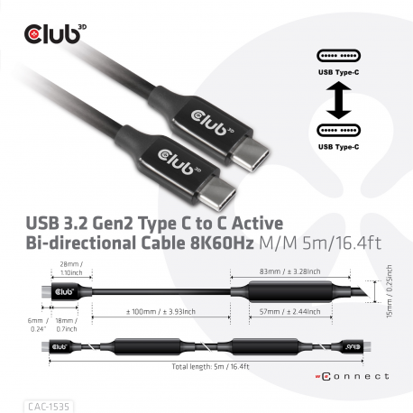 Club 3D CAC-1535 - USB cable - USB-C (M) to USB-C (M) - USB 3.2 Gen 2  /  DisplayPort 1.4 - 20 V - 3 A - 5 m - active, USB Power Delivery (3A, 60W), 8K support, bi-directional - 4
