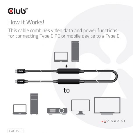 Club 3D CAC-1535 - USB cable - USB-C (M) to USB-C (M) - USB 3.2 Gen 2  /  DisplayPort 1.4 - 20 V - 3 A - 5 m - active, USB Power Delivery (3A, 60W), 8K support, bi-directional - 5