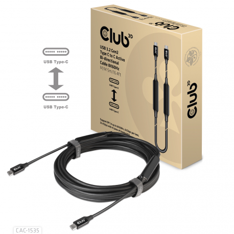 Club 3D CAC-1535 - USB cable - USB-C (M) to USB-C (M) - USB 3.2 Gen 2  /  DisplayPort 1.4 - 20 V - 3 A - 5 m - active, USB Power Delivery (3A, 60W), 8K support, bi-directional - 6