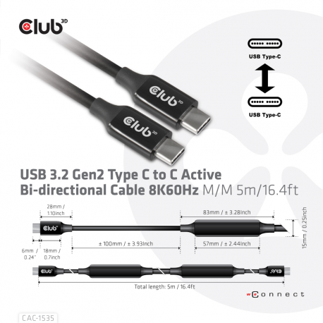 Club 3D CAC-1535 - USB cable - USB-C (M) to USB-C (M) - USB 3.2 Gen 2  /  DisplayPort 1.4 - 20 V - 3 A - 5 m - active, USB Power Delivery (3A, 60W), 8K support, bi-directional - 10