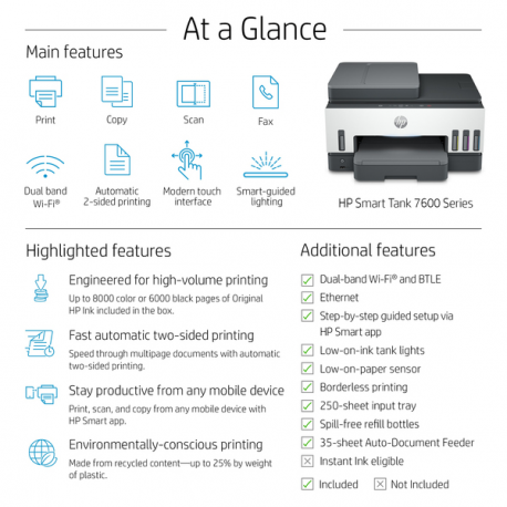 HP Smart Tank 7605 All-in-One - Multifunction printer - colour - ink-jet - refillable - Letter A (216 x 279 mm) / A4 (210 x 297 mm) (original) - A4 / Legal (media) - up to 13 ppm (copying) - up to 15 ppm (printing) - 250 sheets - USB 2.0, Wi-Fi(n), Bluetooth - 4