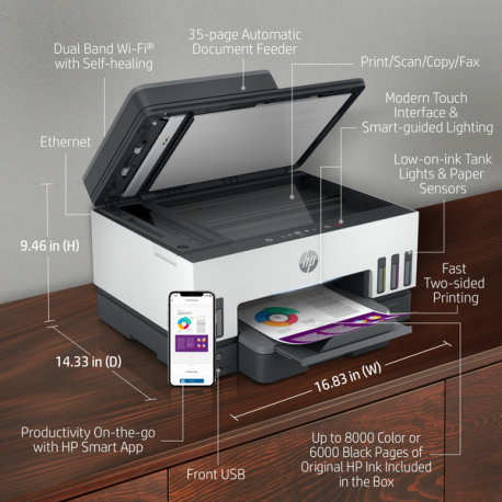 HP Smart Tank 7605 All-in-One - Multifunction printer - colour - ink-jet - refillable - Letter A (216 x 279 mm) / A4 (210 x 297 mm) (original) - A4 / Legal (media) - up to 13 ppm (copying) - up to 15 ppm (printing) - 250 sheets - USB 2.0, Wi-Fi(n), Bluetooth - 19