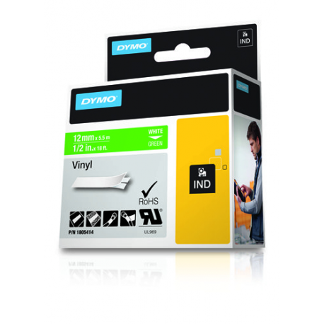 DYMO Rhino Coloured Vinyl - Vinyl - white on green - Roll (1.2 cm x 5.5 m) 1 cassette(s) tape - for DYMO ILP219; Rhino 1000, 4200, 5000, 5200, 6000; RhinoPRO 1000, 3000, 5000, 6000, 6500 - 1