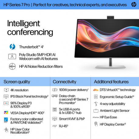 HP 727pm - Series 7 Pro - LED monitor - 27" - 3840 x 2160 4K @ 60 Hz - IPS Black - 400 cd/m² - 2000:1 - DisplayHDR 400 - 5 ms - Thunderbolt 4, HDMI, DisplayPort - speakers - black, silver - 13
