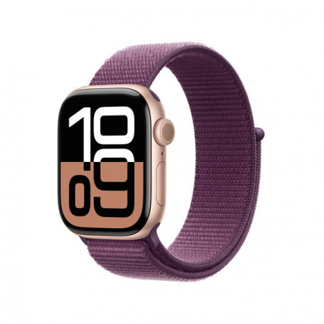 Apple Watch Series 10 (GPS) - 42 mm - rose gold aluminium - smart watch with sport loop - soft double-layer nylon - plum - wrist size: 130-200 mm - 64 GB - Wi-Fi 4, UWB, Bluetooth - 30 g - 0
