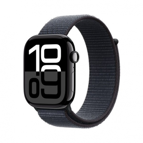 Apple Watch Series 10 (GPS) - 46 mm - jet black aluminium - smart watch with sport loop - soft double-layer nylon - ink - wrist size: 130-200 mm - 64 GB - Wi-Fi 4, UWB, Bluetooth - 36.4 g - 0