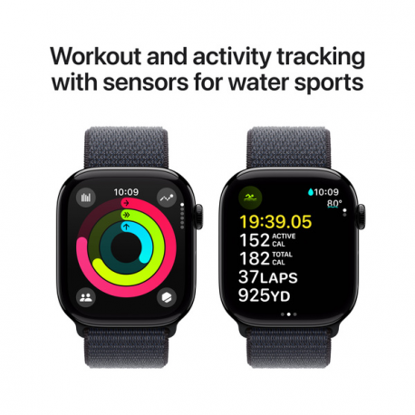 Apple Watch Series 10 (GPS) - 46 mm - jet black aluminium - smart watch with sport loop - soft double-layer nylon - ink - wrist size: 130-200 mm - 64 GB - Wi-Fi 4, UWB, Bluetooth - 36.4 g - 3